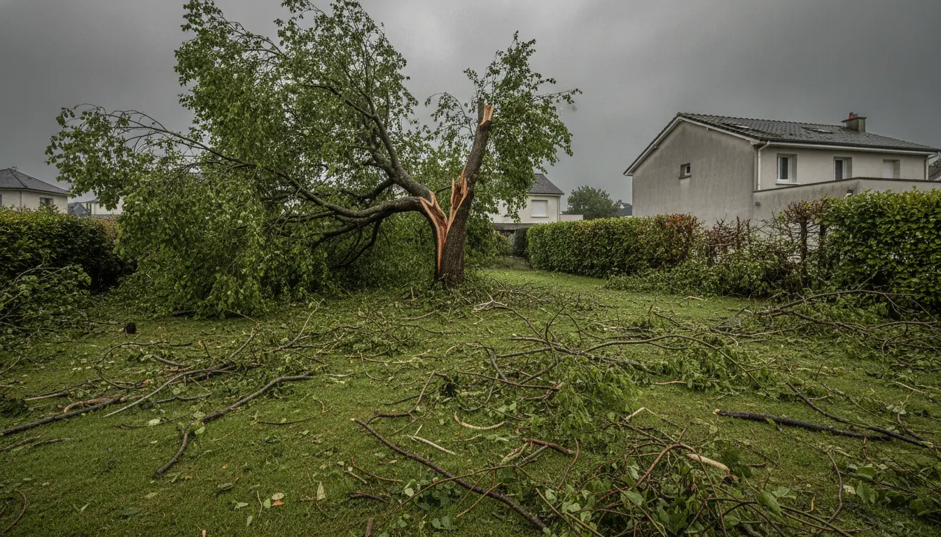 Arbre fendu par la tempête et débris au sol dans un jardin au Havre