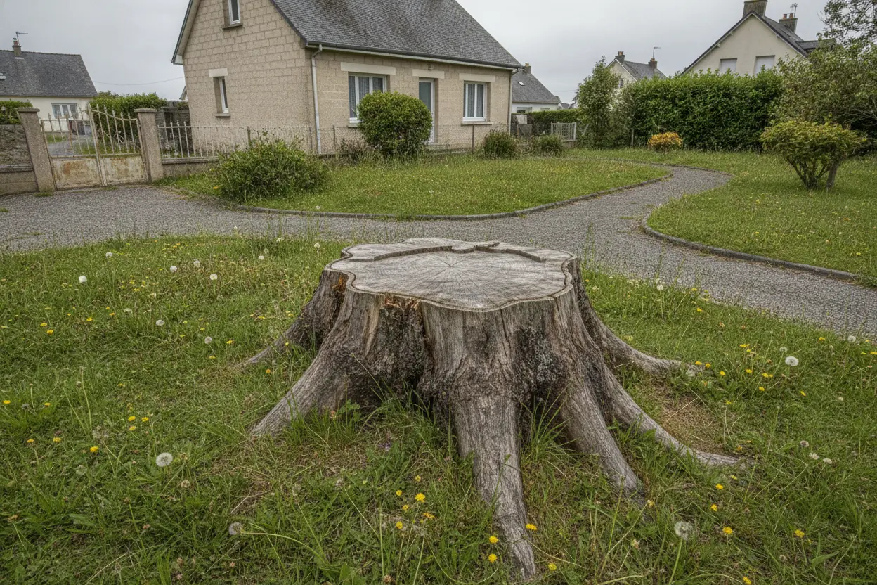 Souche d'arbre encore en place dans un jardin résidentiel à Sanvic (Le Havre)