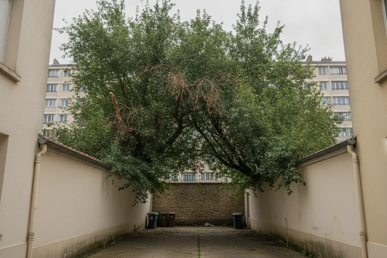 Arbre encombrant avant taille en cour urbaine étroite au Havre