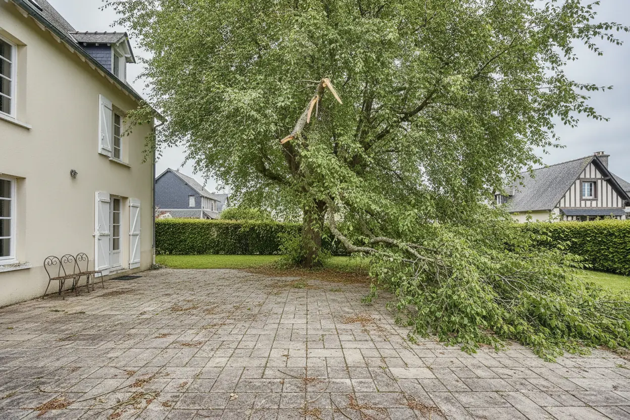 Arbre dangereux avant démontage au-dessus d'une terrasse au Havre