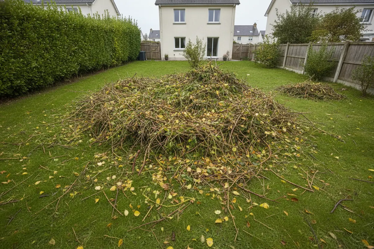 Amas de branches et feuilles sur une pelouse au Havre