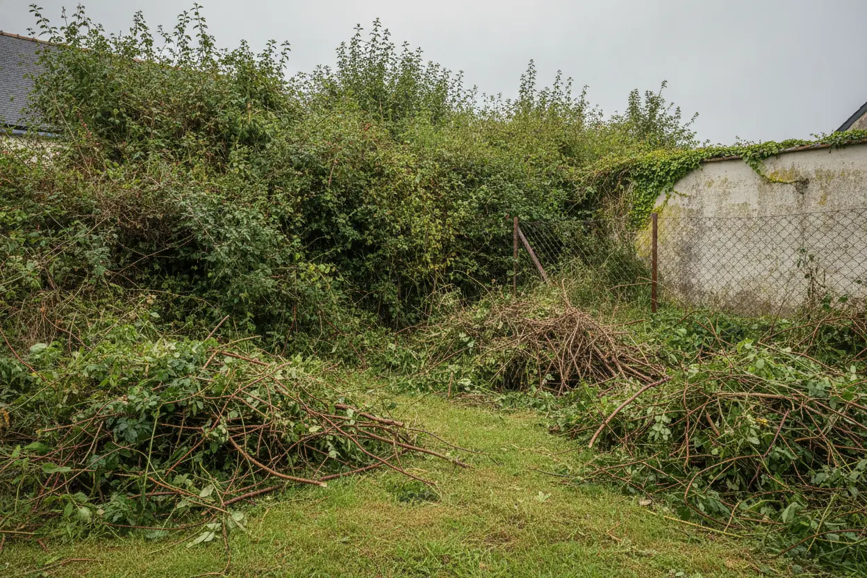 Coin de jardin envahi de ronces à Épouville avant débroussaillage