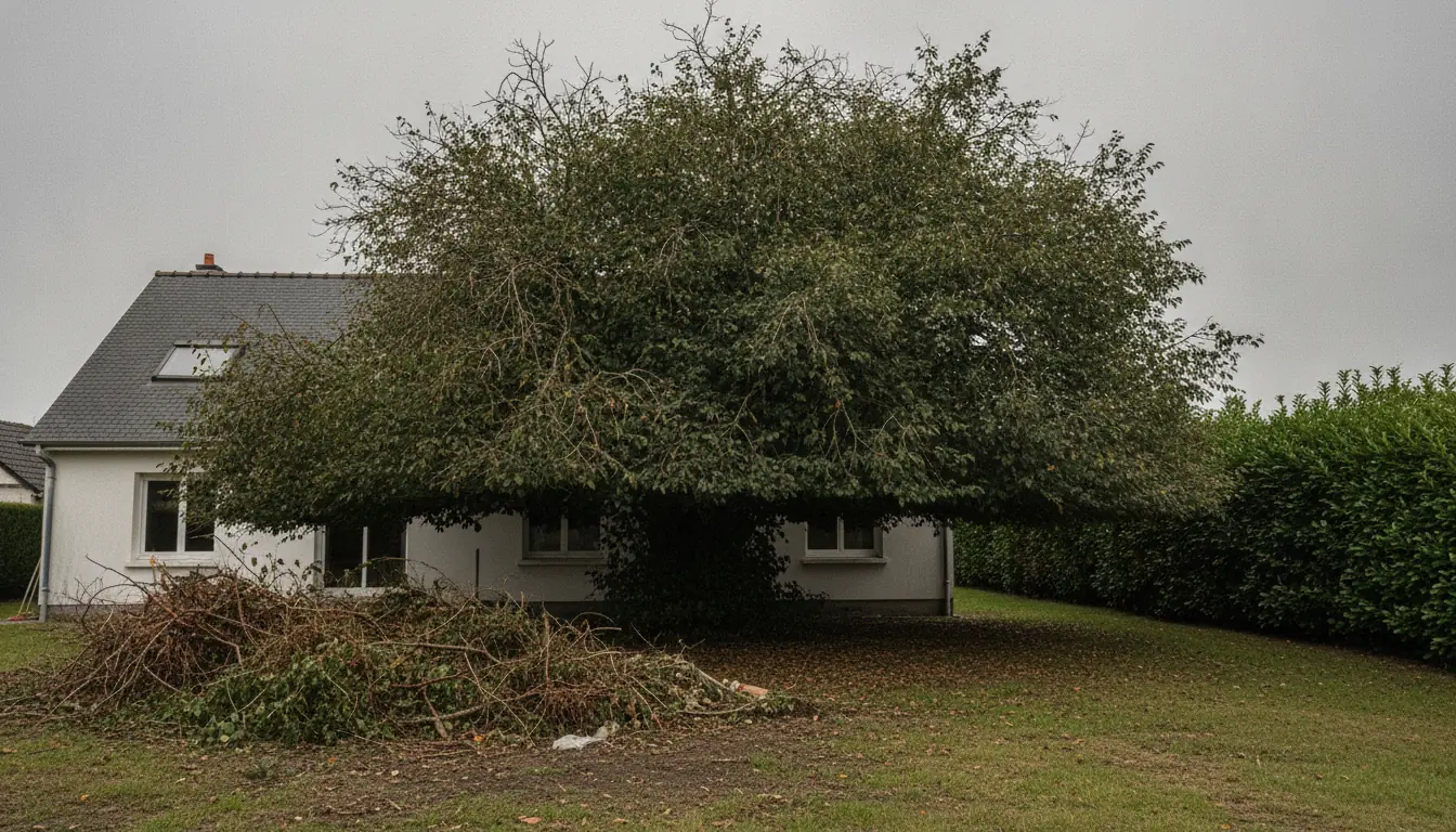 Grand arbre envahissant contre la façade d’une maison à Gonfreville-l’Orcher avant abattage