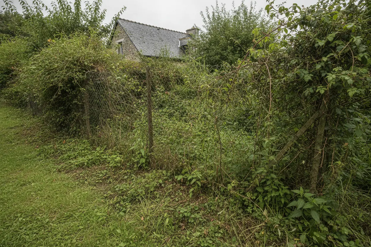 Clôture envahie par les ronces et broussailles à Harfleur avant nettoyage