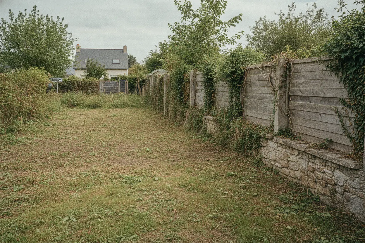 Terrain fauché et dégagé le long du muret après débroussaillage à Montivilliers