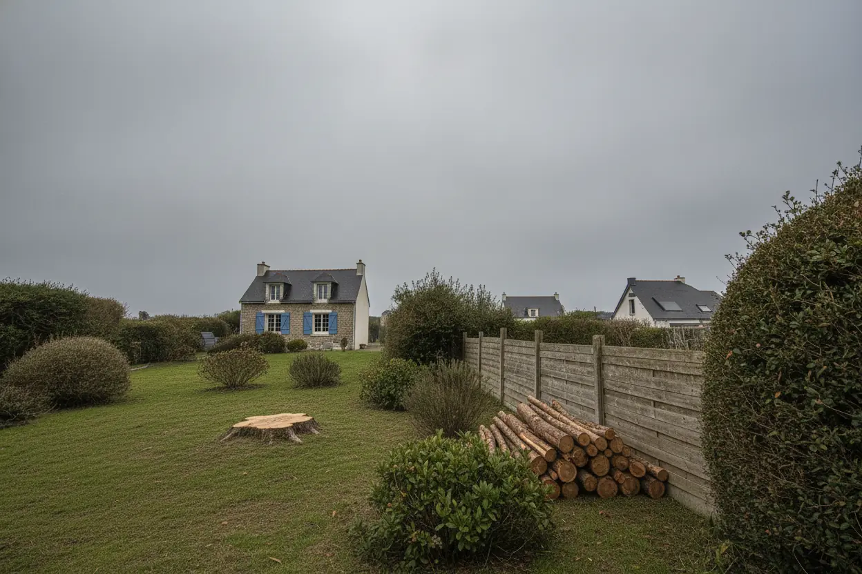 Jardin remis en état et bois rangé après démontage du pin à Octeville-sur-Mer
